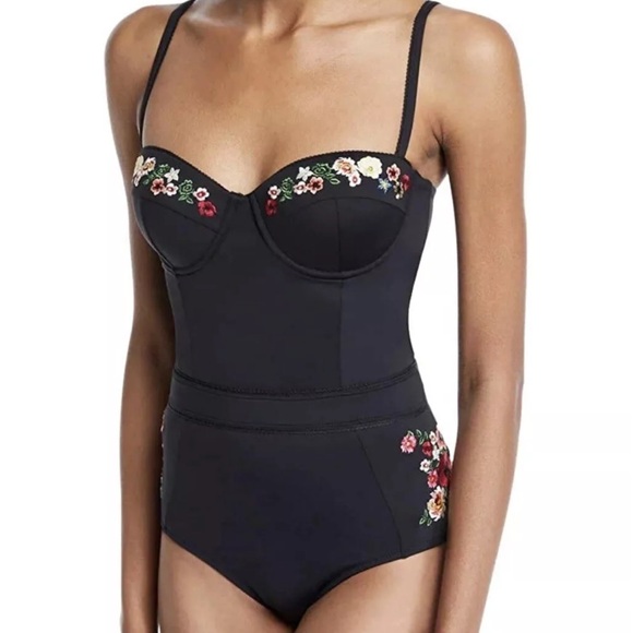✨ JOHNNY WAS Haley Floral Embroidery Corset One Piece Swimsuit ~Medium ~ Black - Picture 3 of 16